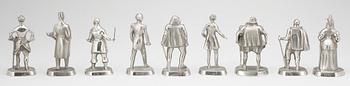 SKULPTURER, 9 st, vitmetall, Svensk regentlängd, efter Allan Ebeling, 1900-tal.