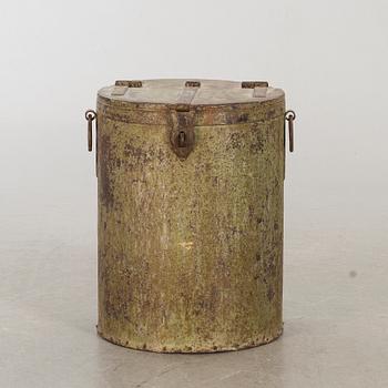 A 20th century metal barrel.