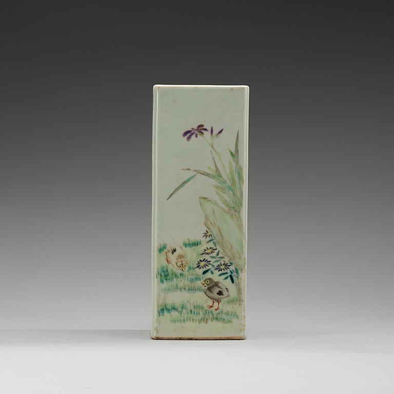 A square enameled vase, China, presumably Republic, 20th Century.