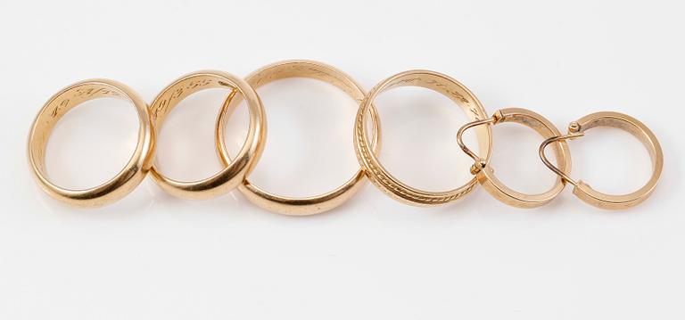 RINGAR, 4 st, SAMT ÖRHÄNGEN, 1 par, 18K guld. Total vikt ca 24 g.