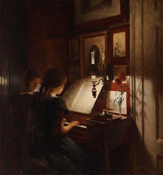 884. Peter Ilsted, Evening music at the piano.