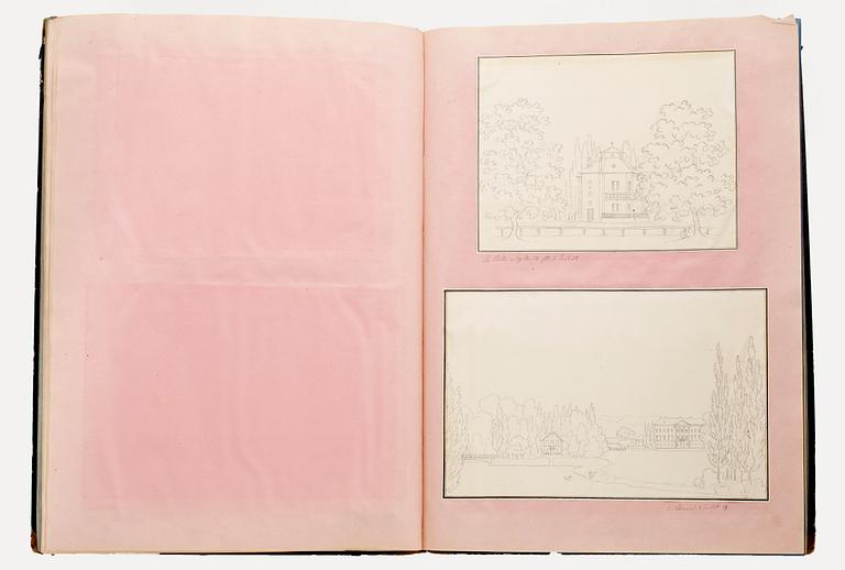 ALBUM FRÅN EUROPARESA, med teckningar och gravyrer, flera daterade 1838-43.