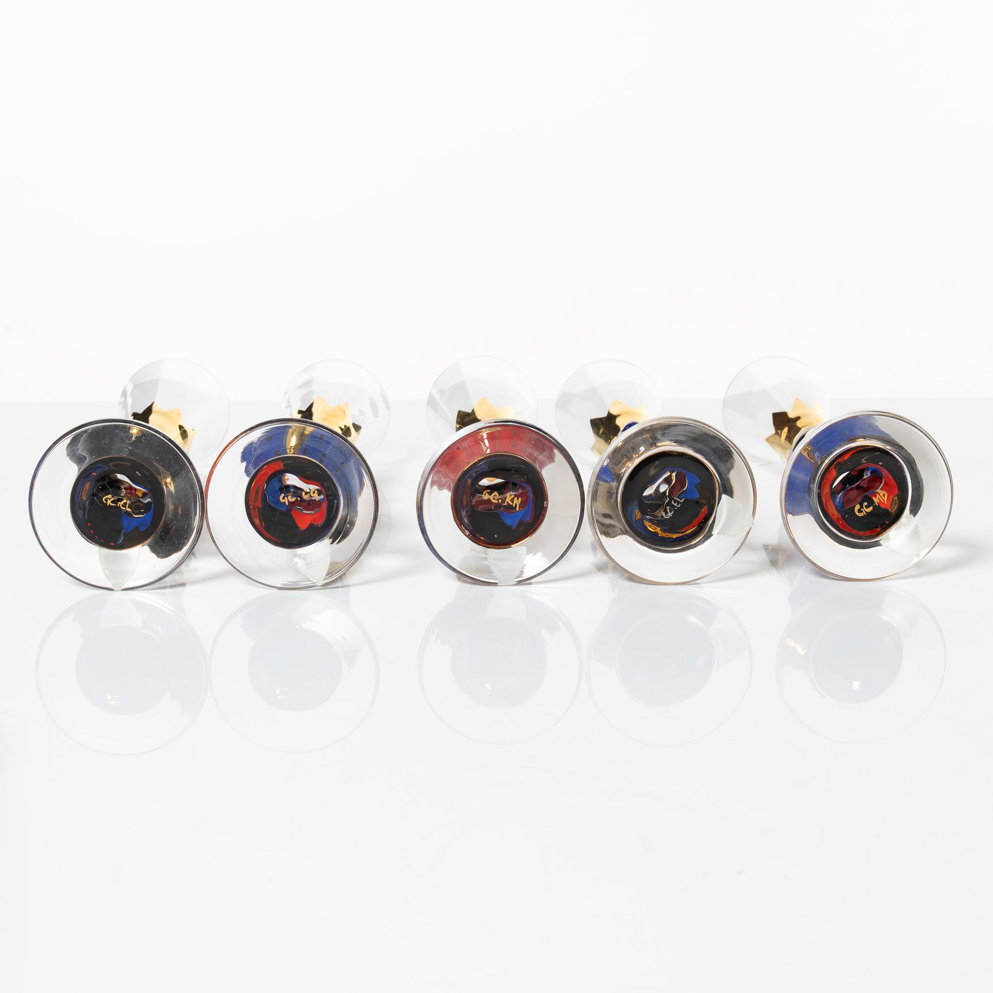 Gunnar Cyrén, snapsglas, 5 st, s.k. "djävulsglas", ur "Nobel" servisen, Orrefors.