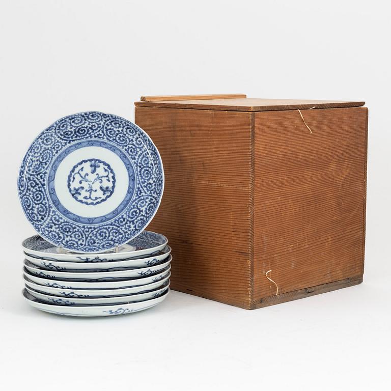 A set of eight Japanese blue and white dishes, Meiji period (1868-1912).,