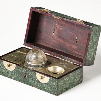 A leather clad box with a hardwood and pewter writing set, Japan, Meiji (1868-1912).