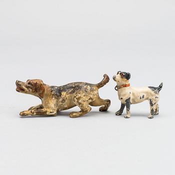 TWO MINIATURE BRONZE DOGS.