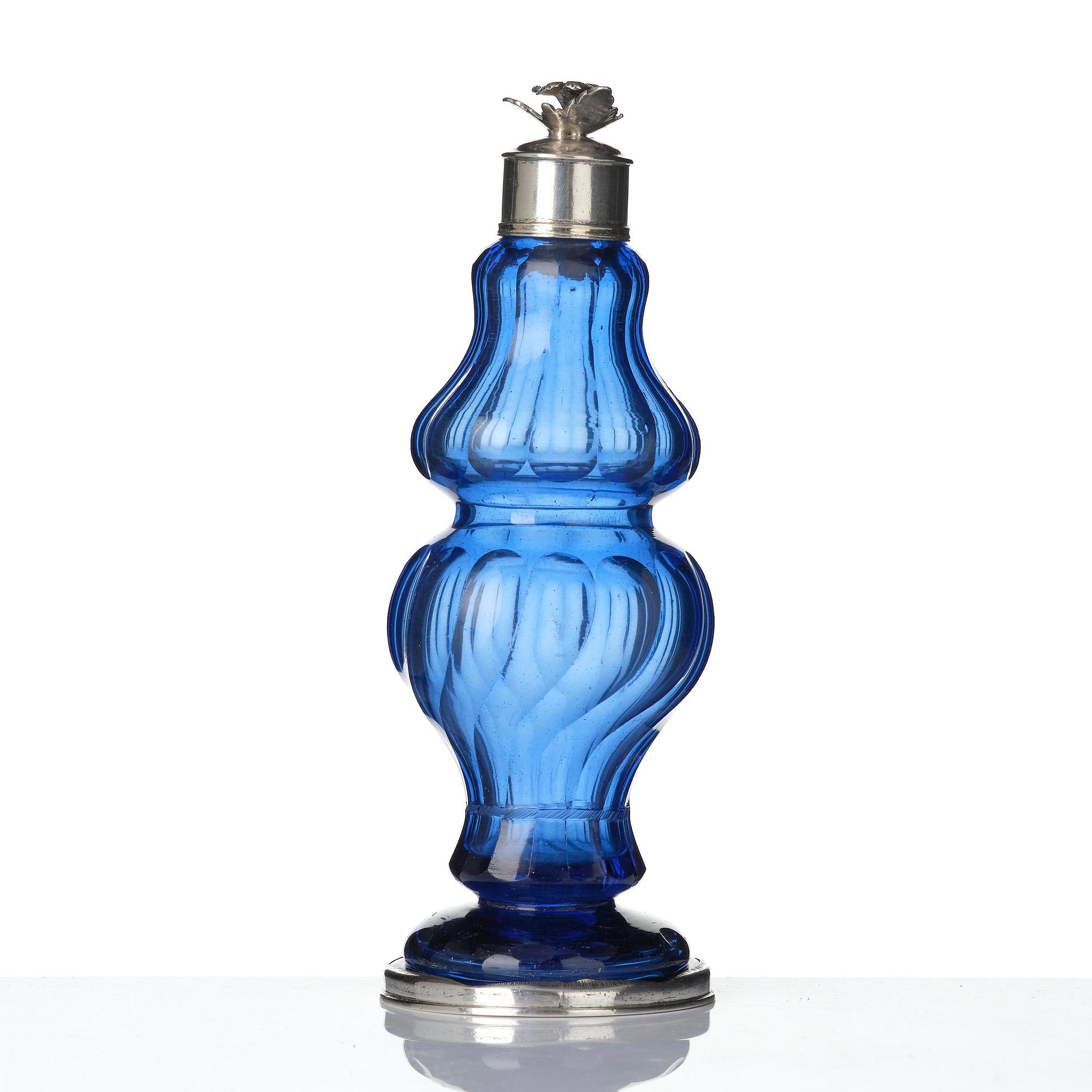 A Swedish Rococo blue glass and silver bottle, marked Lorenz Vick (Ulricehamn 1766-1808).