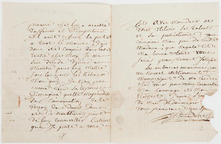 JEAN BAPTISTE BERNADOTTE (1763-1844), brev, egenhändigt skrivet och undertecknat J. Bernadotte.