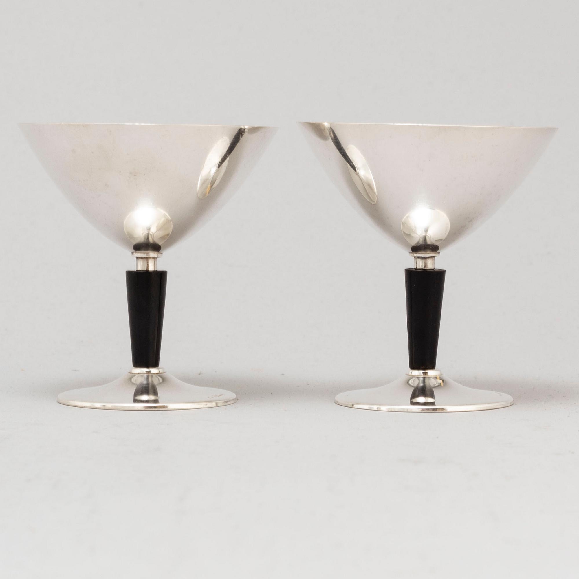 FOLKE ARSTRÖM, cocktailglas, 6 st, samt  bricka, nysilver, 1930/40-tal.