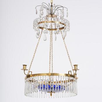 A late Gustavian five-light gilt brass and cut glass chandelier, Stockholm, late 18th century.