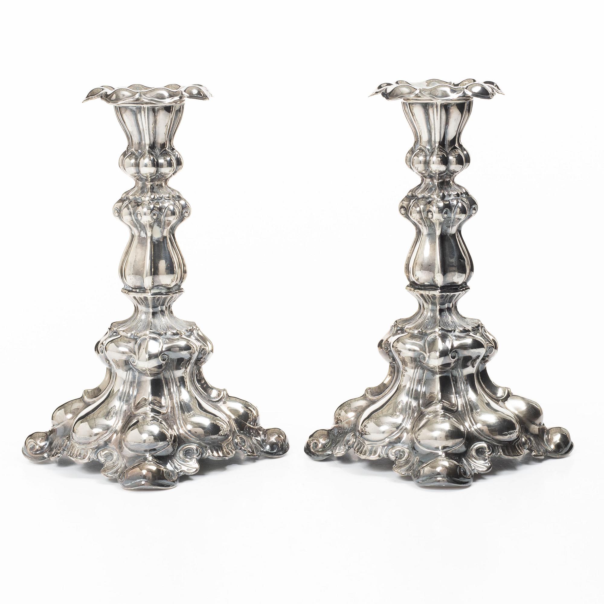 Candlesticks, a pair, Baroque style, silver, CG Hallberg, Stockholm, 1939.