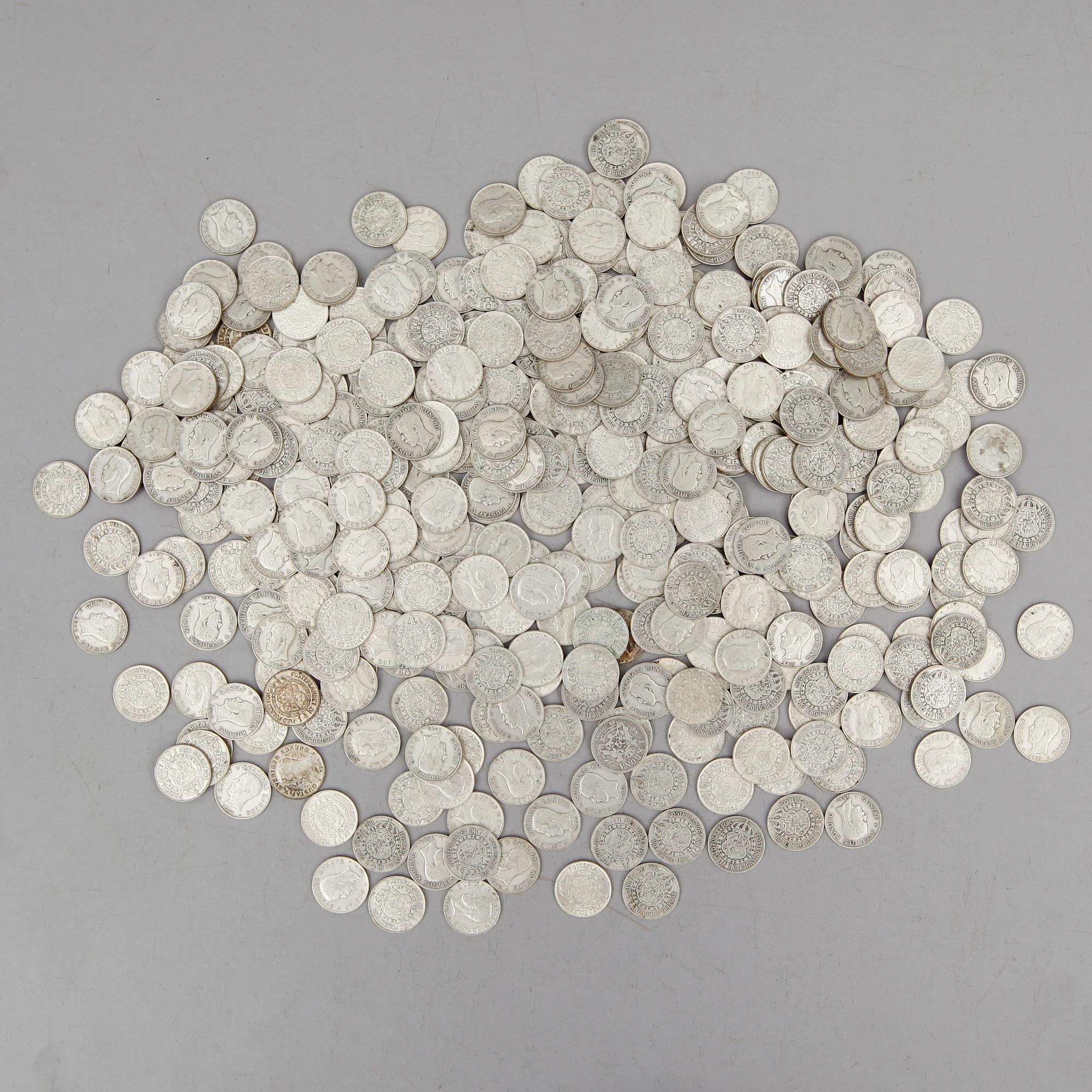 SAMLING SILVERMYNT, enkronor, Gustaf V, 1910-1941. Vikt ca 3000 gram.