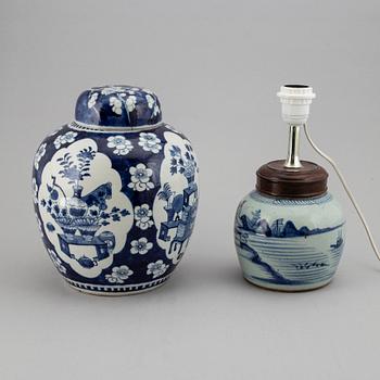 A blue and white jar with cover and one mounted as a lamp, Qing dynasty, 19th Century.