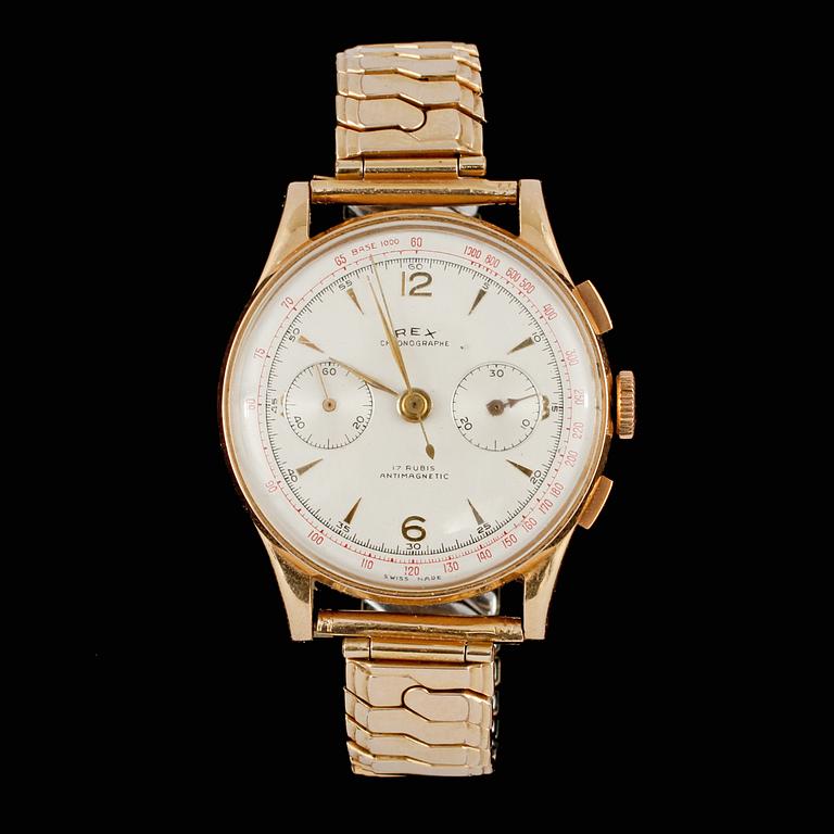 ARMBANDSUR,herr, 18K guld REX, Chronographe, 1900-talets mitt.