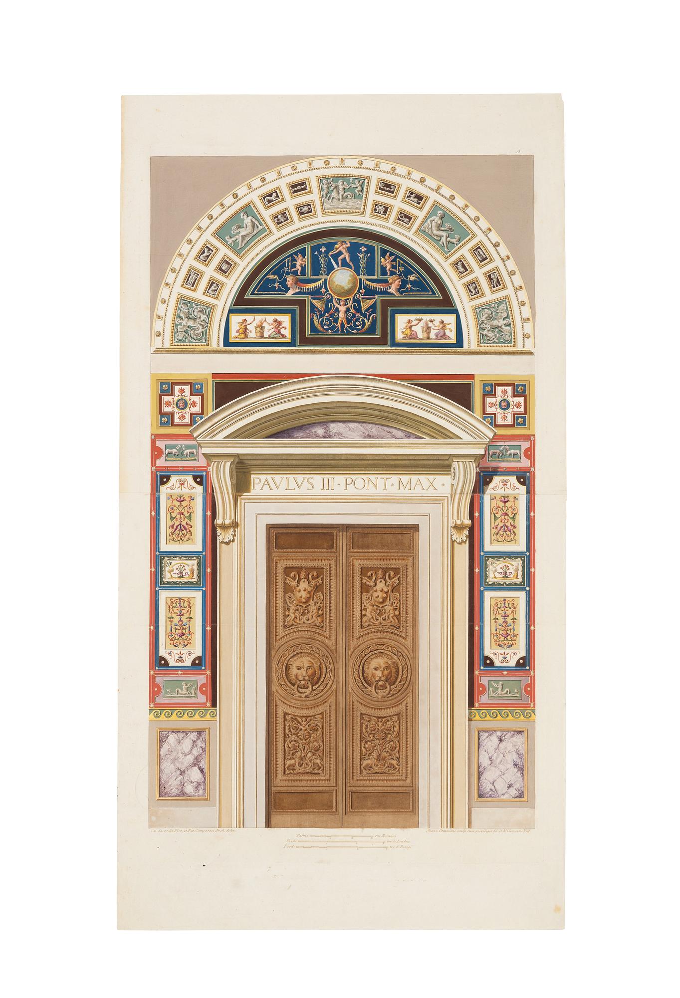 Giovanni Ottaviani, Two doorways and a vertical section from the Raphael Loggias in the Vatican.