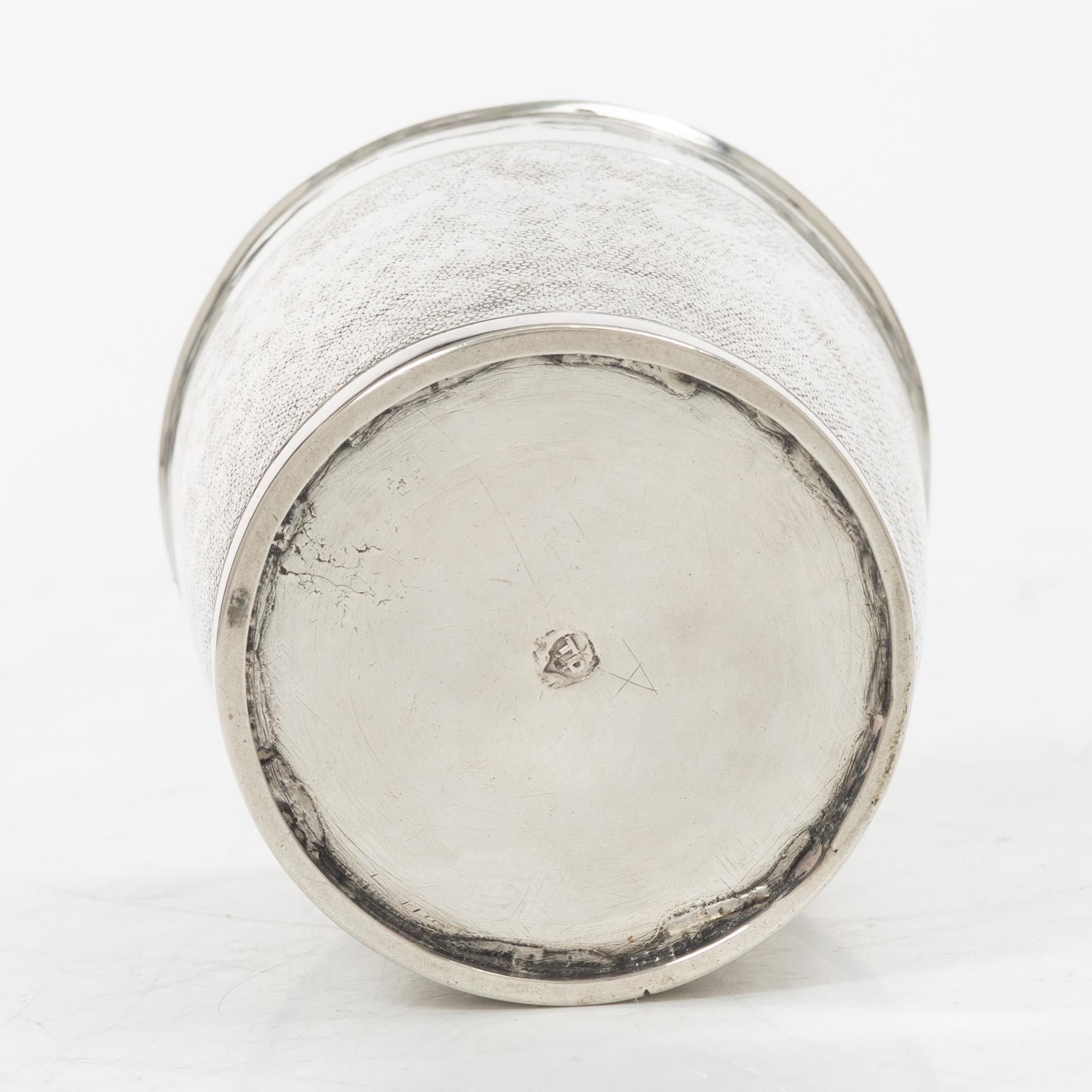 Cup, silver, so-called snake skin cup, unidentifiable marks, early 18th century.