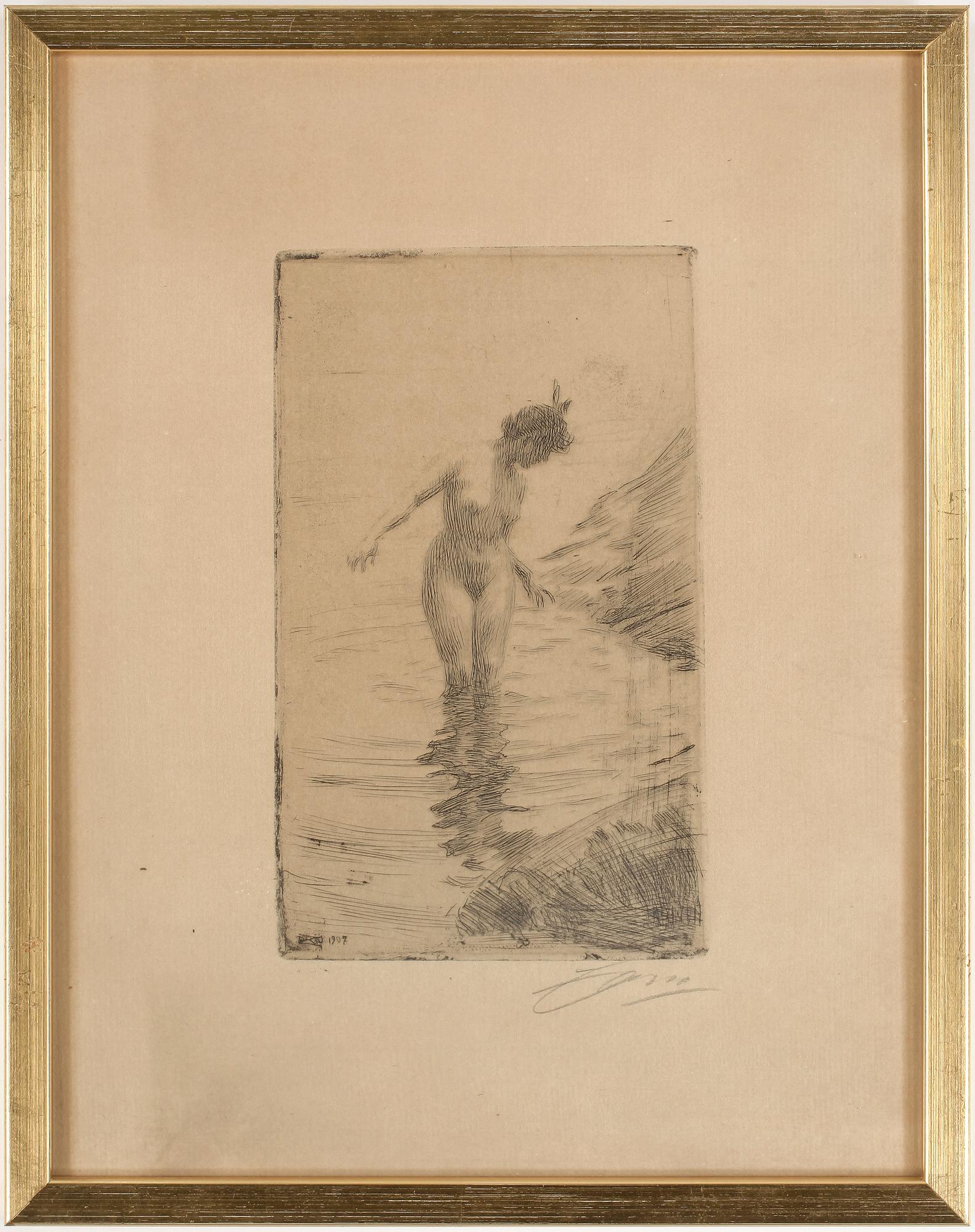 ANDERS ZORN, etsning, signerad. Utförd 1907.