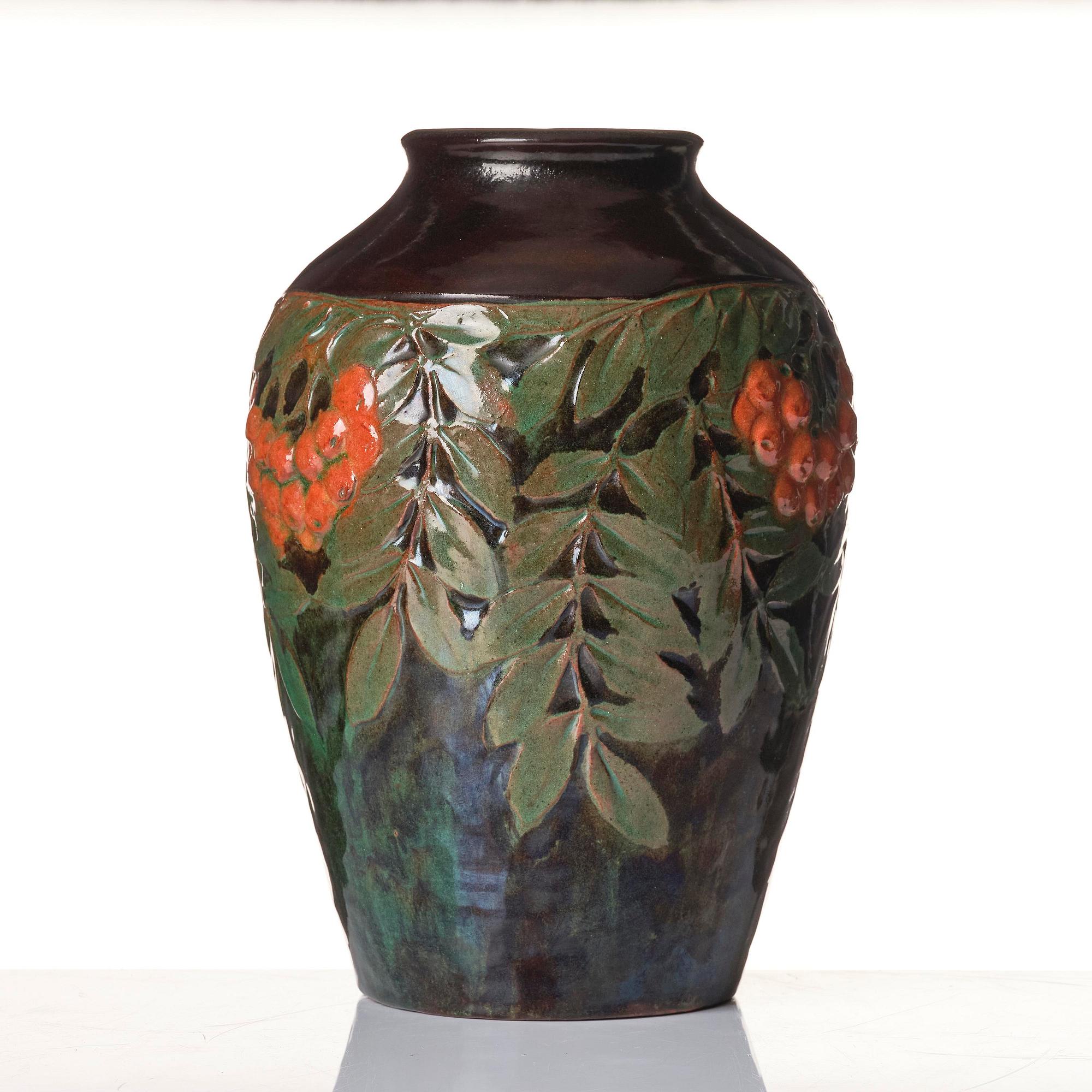 Hilma Persson-Hjelm, a glazed earthenware art nouveau vase, executed in her own studio, Arvika 1913. No 2241.