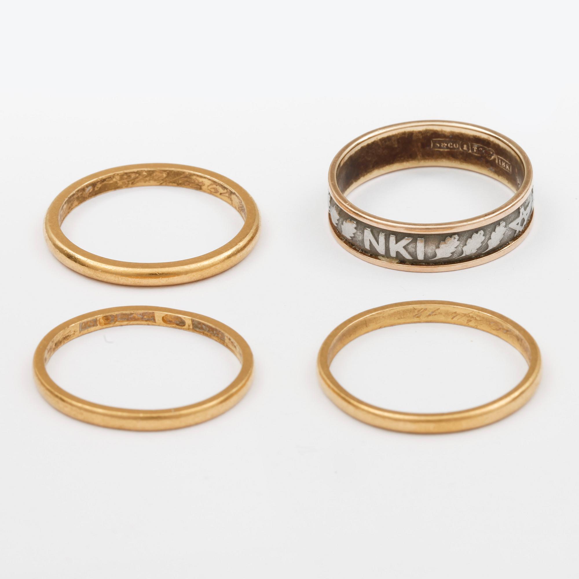 RINGAR, 3 st, 23K respektive 1st 18K guld samt tenn, vikt ca 9,8g samt 4,2g.