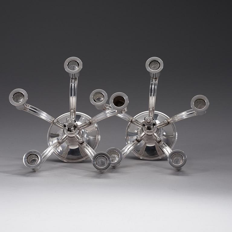 A pair of Grann & Laglye five branches silver candelabra, Copenhagen 1937.