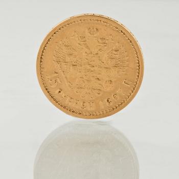 MYNT, guld, 15 Rubel, Nikolaj II, Ryssland, daterat 1897, vikt 12 gram.