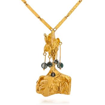 Björn Weckström, an 18K gold necklace "Rain in the mountains" with moss agate for Lapponia 1973.