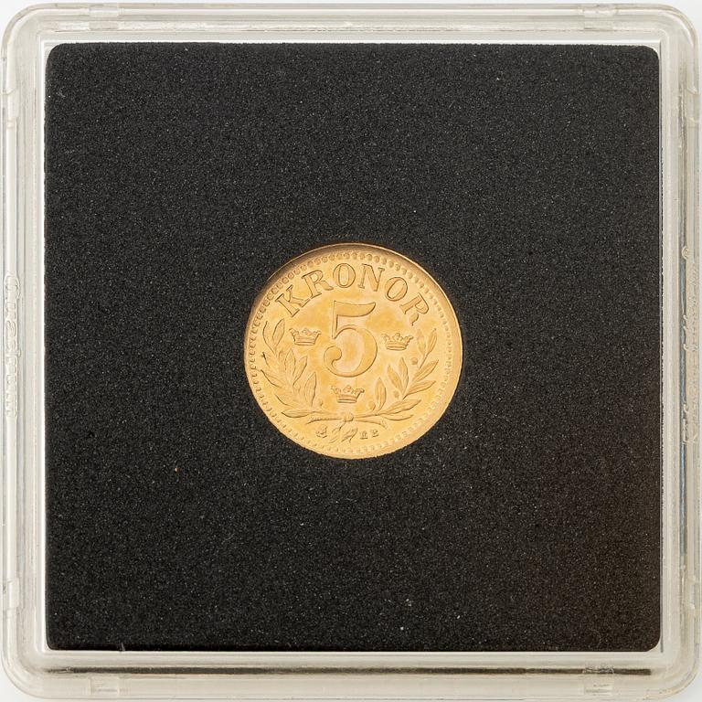 Guldmynt, Oscar II, 5 kronor, typ I, Sverige 1899.
