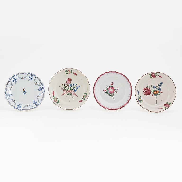 16 earthenware plates and two dishes, mostly french, 18th century.