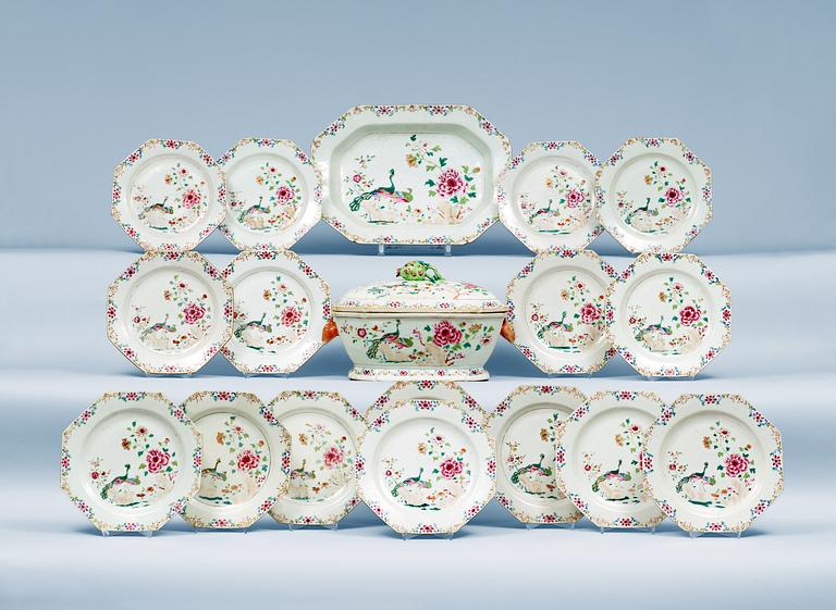 A famille rose tureen with cover and dish, and a set of 16 dinner plates. Qing dynasty, Qianlong (1736-95).