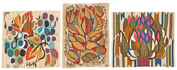 TEXTILES, 3 pieces. "Vindruvor", "Oktober" as well as "Tulpan". 34,5 x 35,5, 40 x 30, 34 x 39,5 cm. Designed and signed by Barbro Sprinchorn.