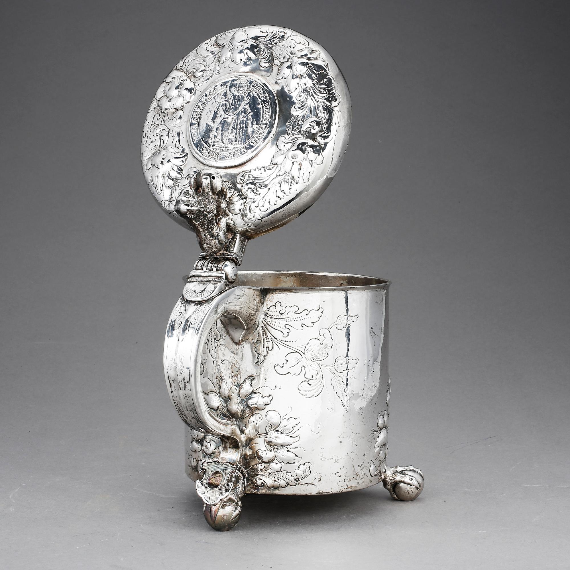 DRYCKESKANNA, silver, barock, Johannes Johannesen Reimers, Bergen, verksam 1667-1722. Vikt ca 1094g.