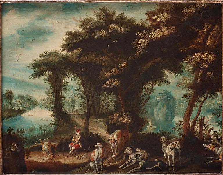 Sebastiaen Vrancx Attributed to, Landscape with hunter and dogs.