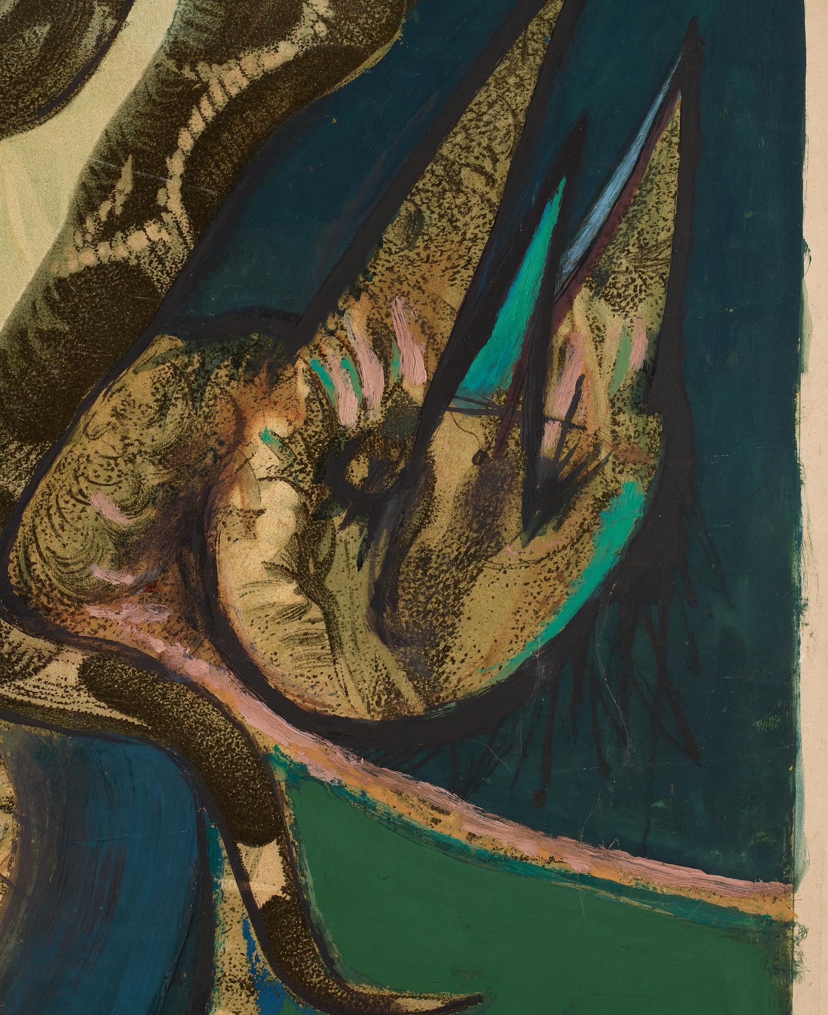 CO Hultén, oil on lithographic print, signed and executed 1952.