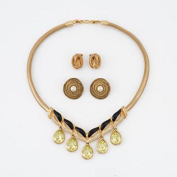 Christian Dior, a costume jewellery necklace and two pairs of earrings.