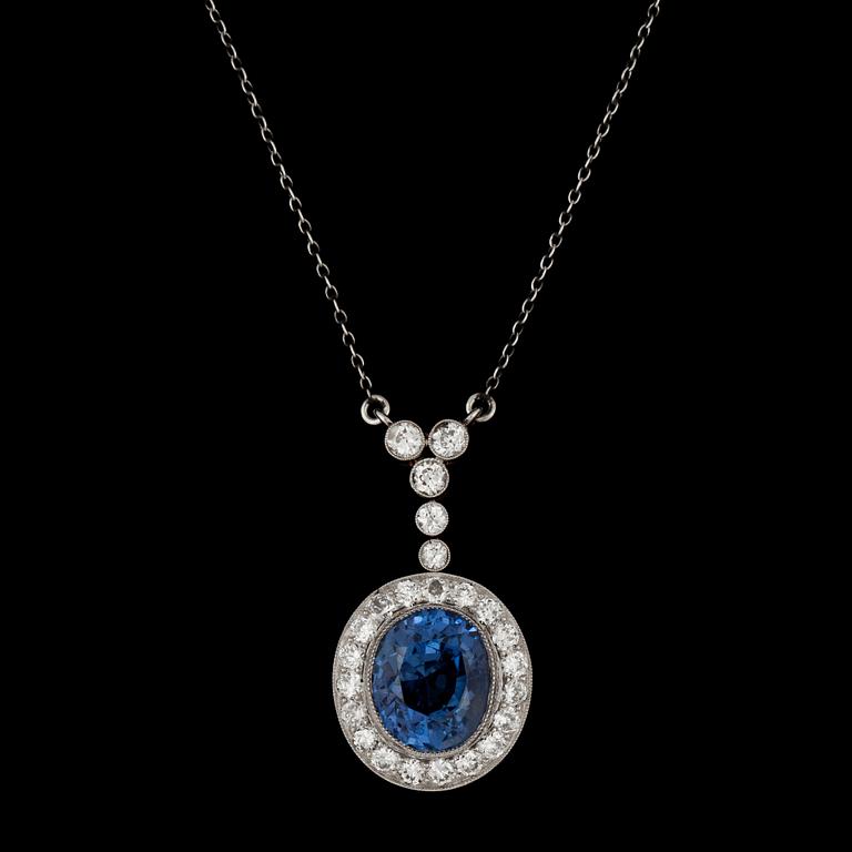 A blue sapphire and brilliant cut diamond pendant, tot. app. 1.40 cts. Early 20th century.