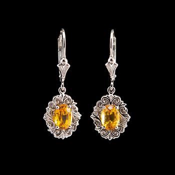 426. A PAIR OF EARRINGS, Ceylonese golden sapphires 2.51 ct. 14K white gold.