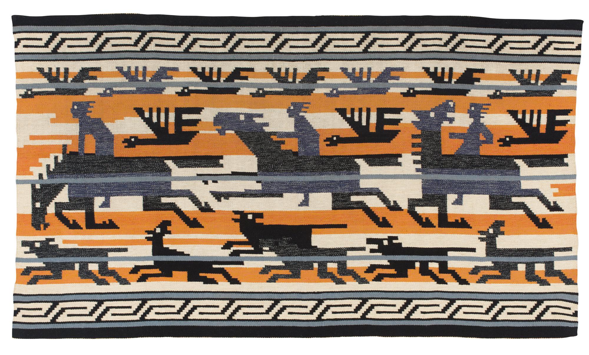 Märta Måås-Fjetterström, A TAPESTRY. "Odins jakt"/"Odens jakt"/"Odens jagt". Flat weave. 120,5 x 213  cm. Designed by Märta Måås-Fjetterström.
