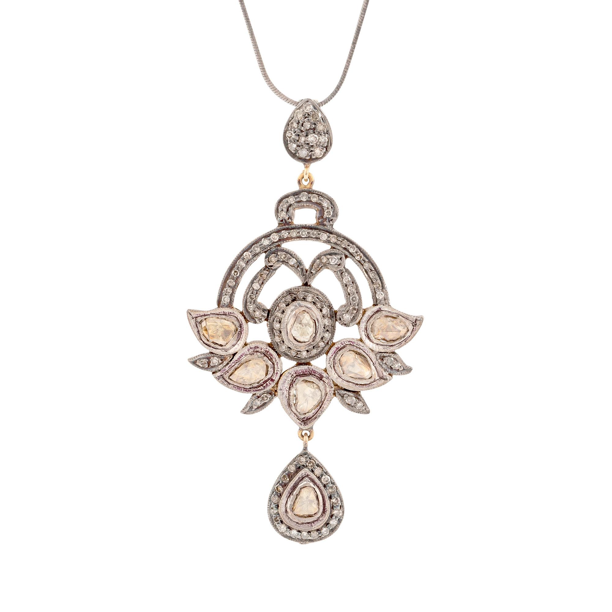 A faceted diamond necklace.