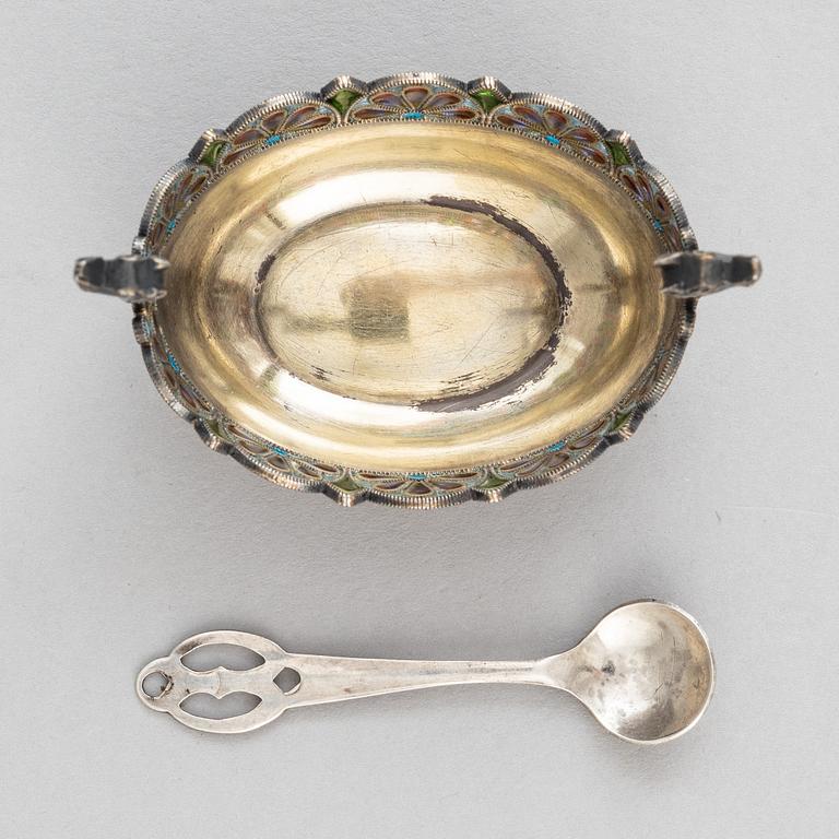 A norwegian silver and window enamelling salt cellar, mark of David Andersen, Oslo circa 1900.