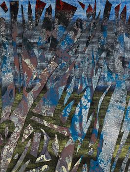 ALFRED BOMAN, signed and dated 2013 on verso. Acrylic paint, glue emulsion, spray paint, enamel varnish on linen.