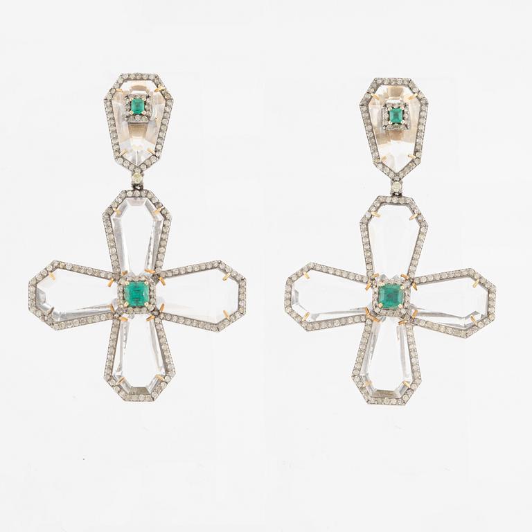 Earrings, 14K gold with rock crystal, emeralds, and diamonds.