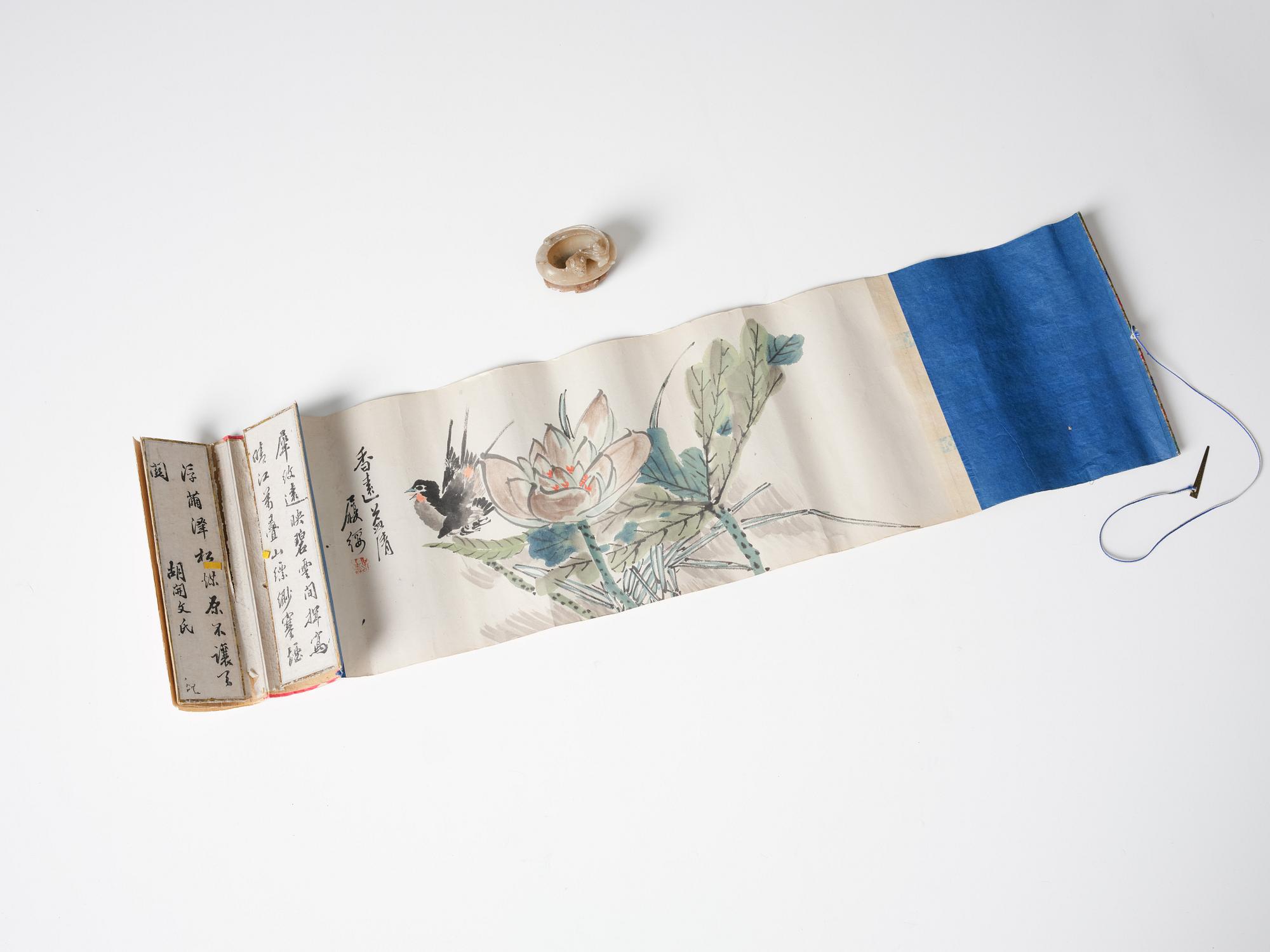 Penselbad soapstone, presentationsask för Hu Kaiwen med en målning signerad Lushu, sen Qingdynasti, 1900.