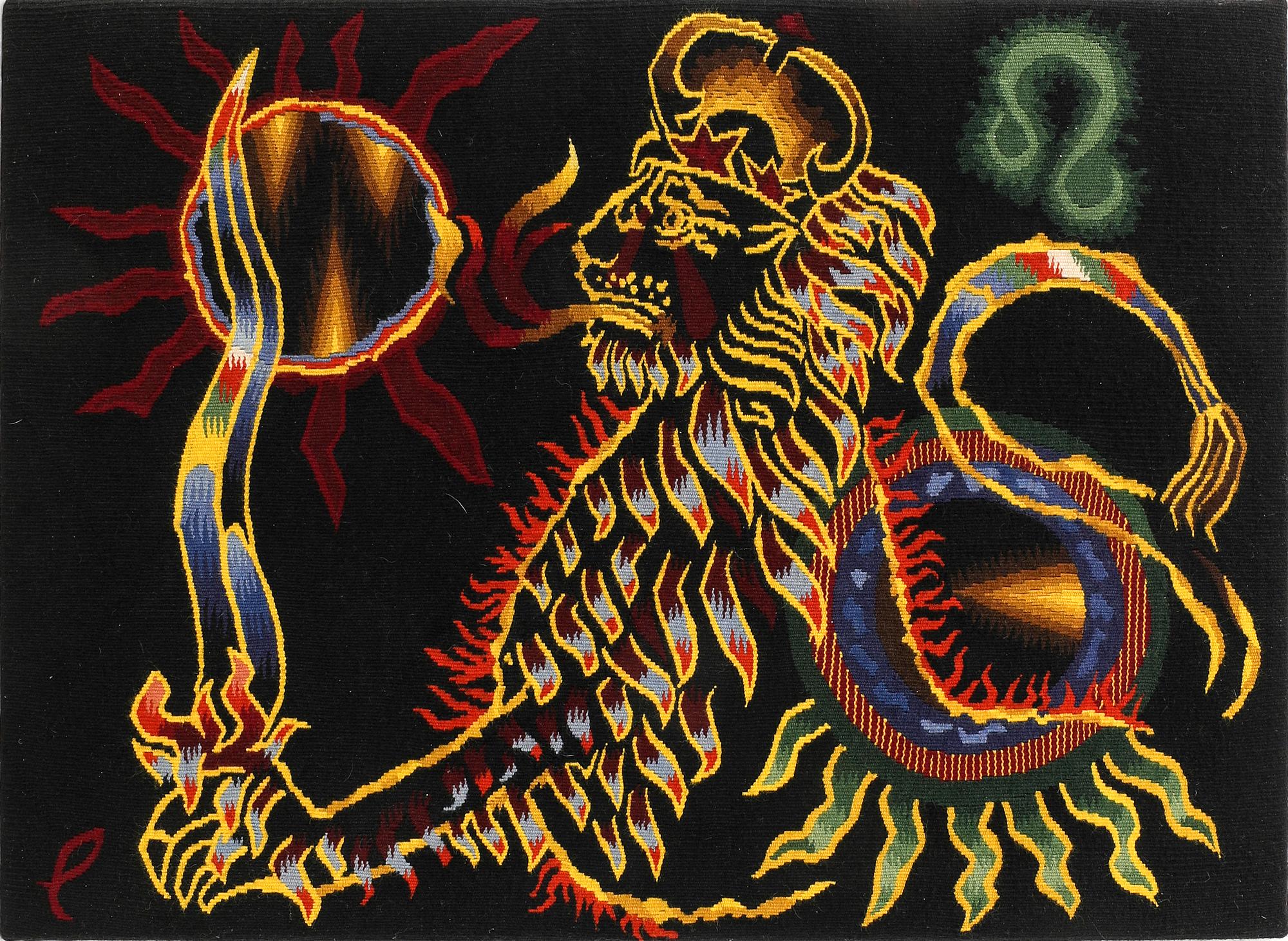 Jean Lurcat, gobelängteknik "Le lion" signerad och numrerad 3227 Tabard/Aubusson 62x82 cm.