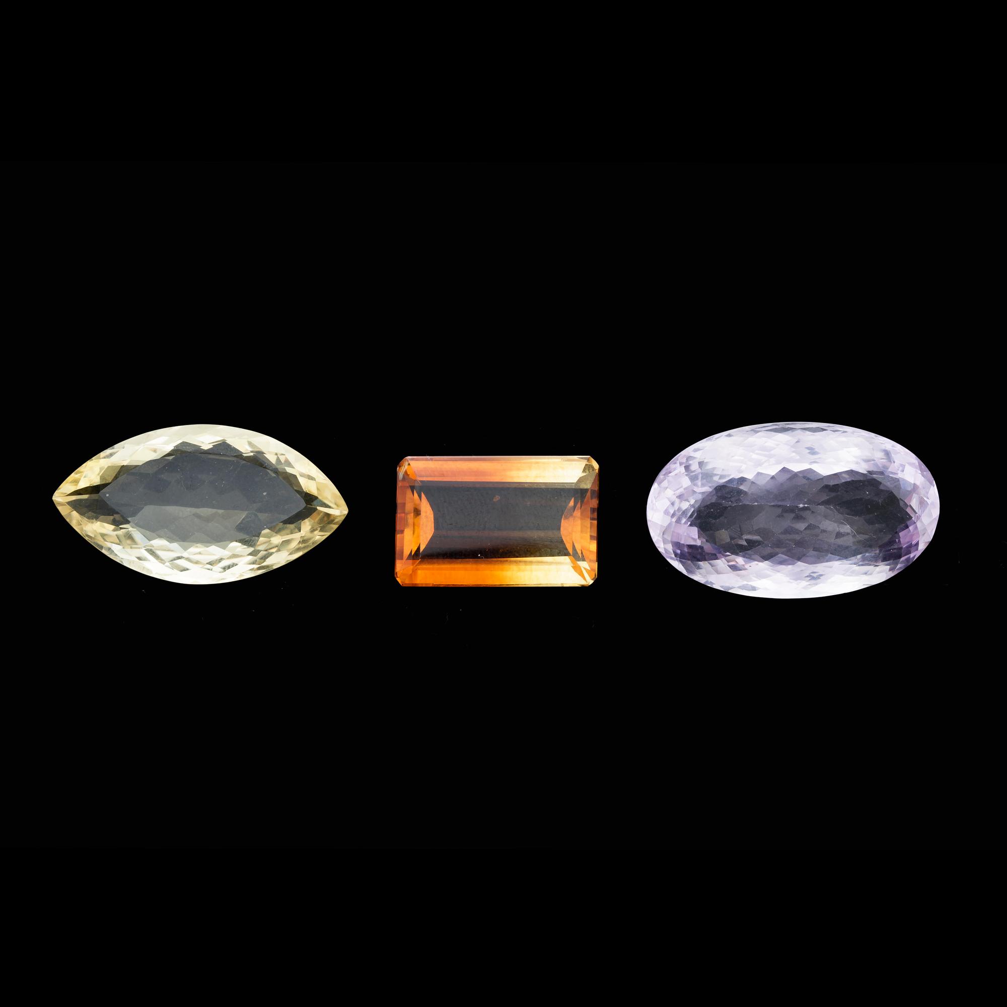 ÄDELSTENAR, 3st, ametist o två citriner.