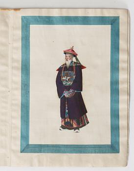 A Sunqua album of 10 export gouaches on paper, portraying the Chinese court, Qing dynasty, late 19th Century.