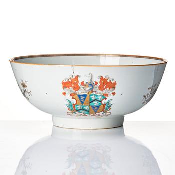 A famille rose and grisaille armorial punch bowl, Qing dynasty, 18th century.