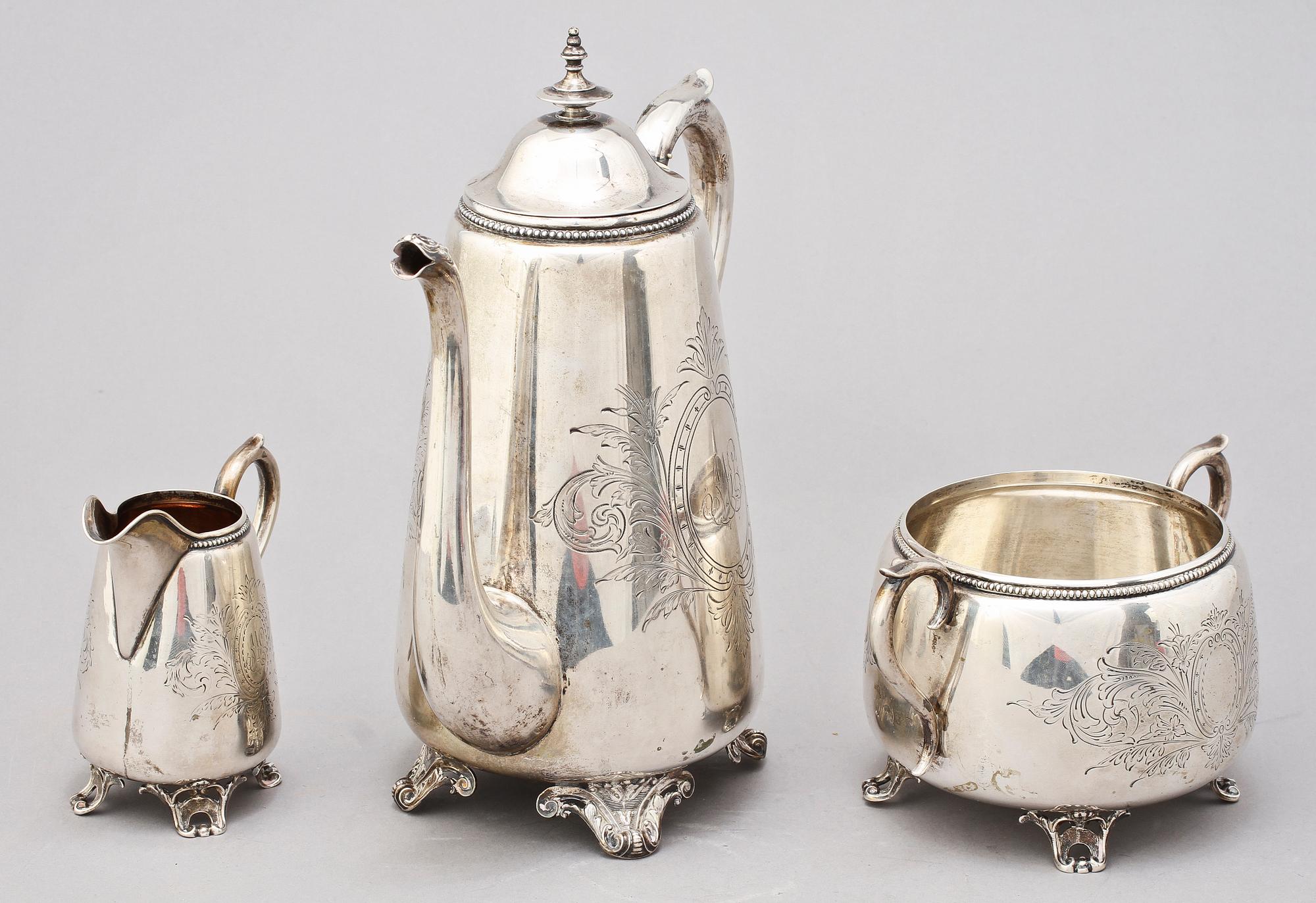 KAFFESERVIS, 3 delar, silver, bl. a Frans Holm & Co, Göteborg, 1888. Vikt 1090 g.