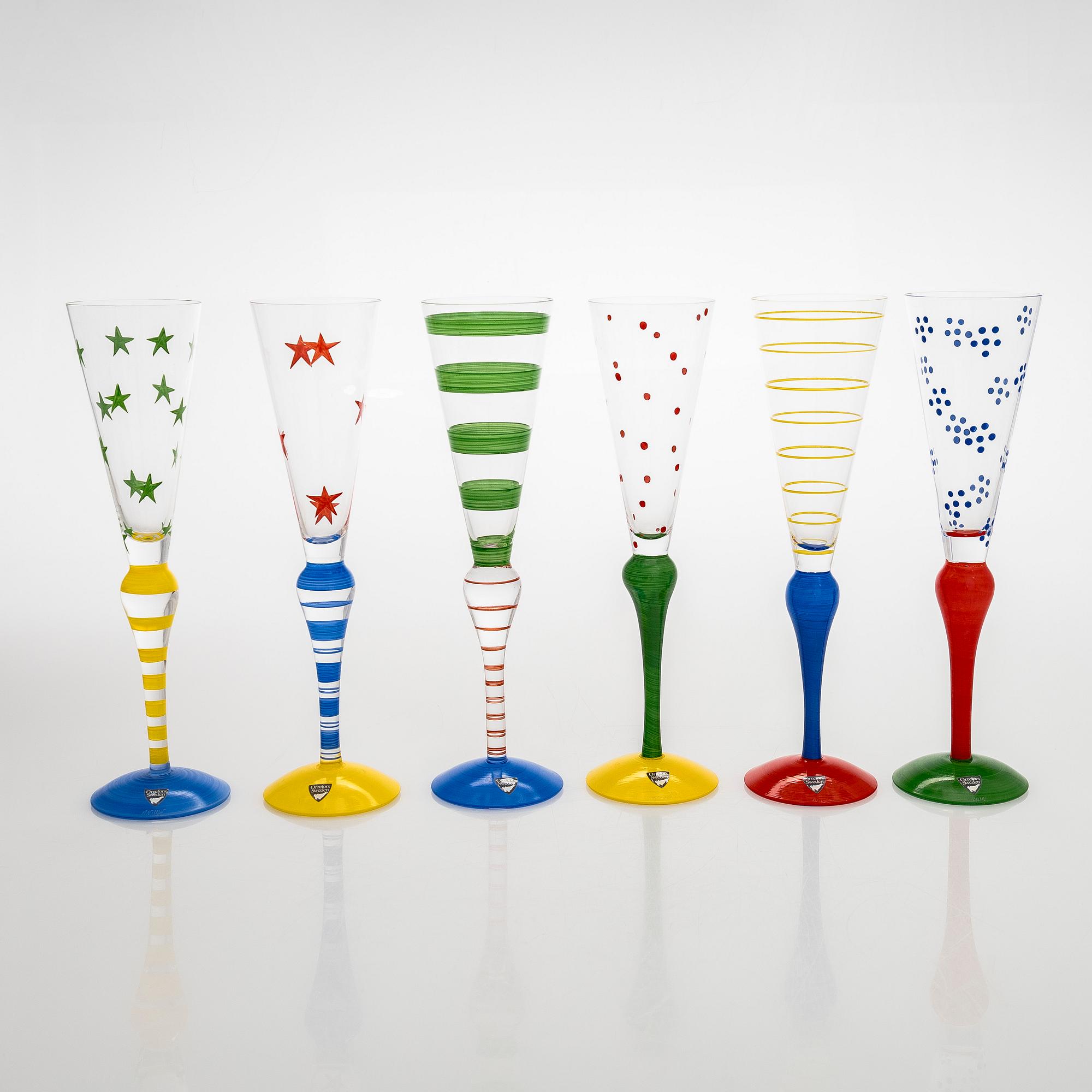 Anne Nilsson, a set of six 'Clown' champagne glasses, Orrefors.