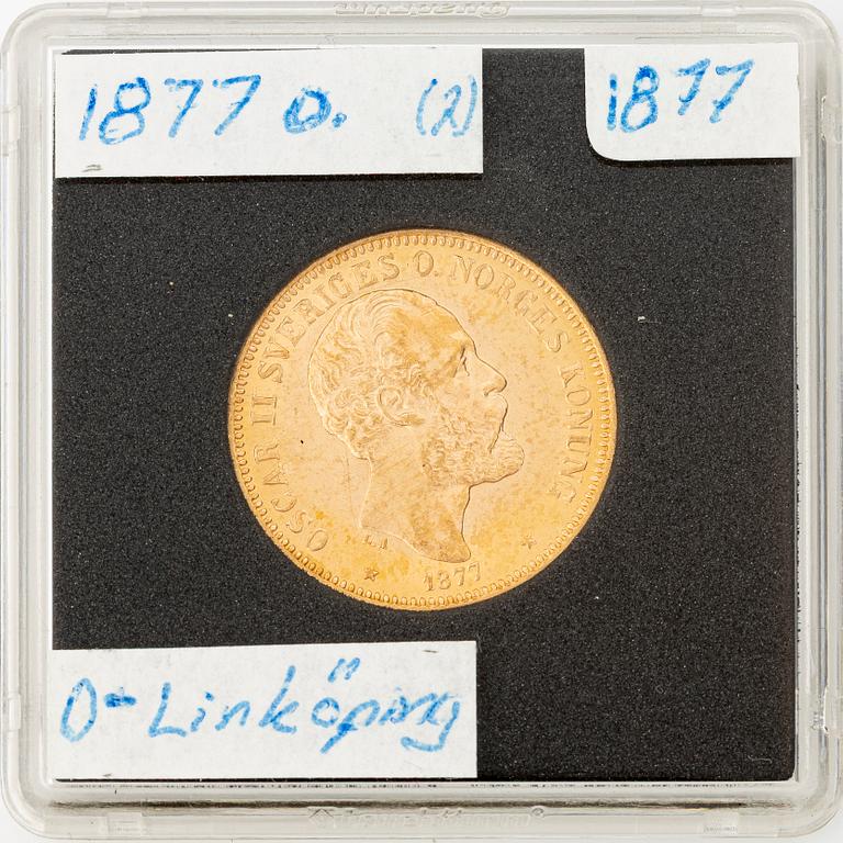 Guldmynt, Oscar II, 20 kronor, typ II, Sverige 1877.
