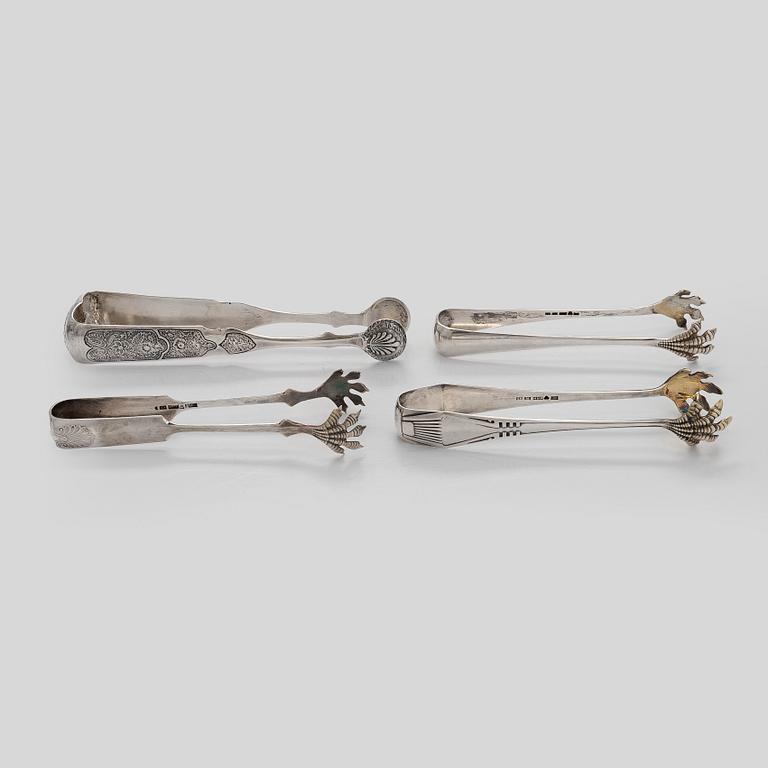 Servettringar 6 st och sockertångar 4 st, silver, olika stämplar 1893-1936.